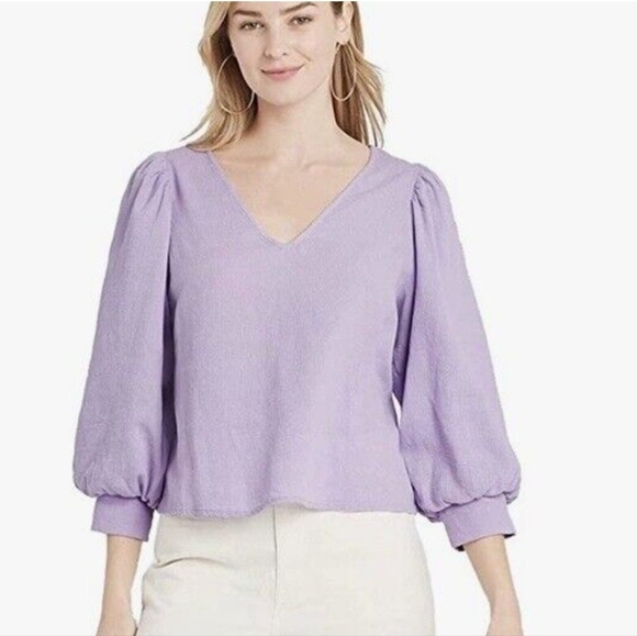 Lilac 100% Cotton Puffy Sleeves V-Neck Blouse from a new day Size Large - Picture 1 of 7
